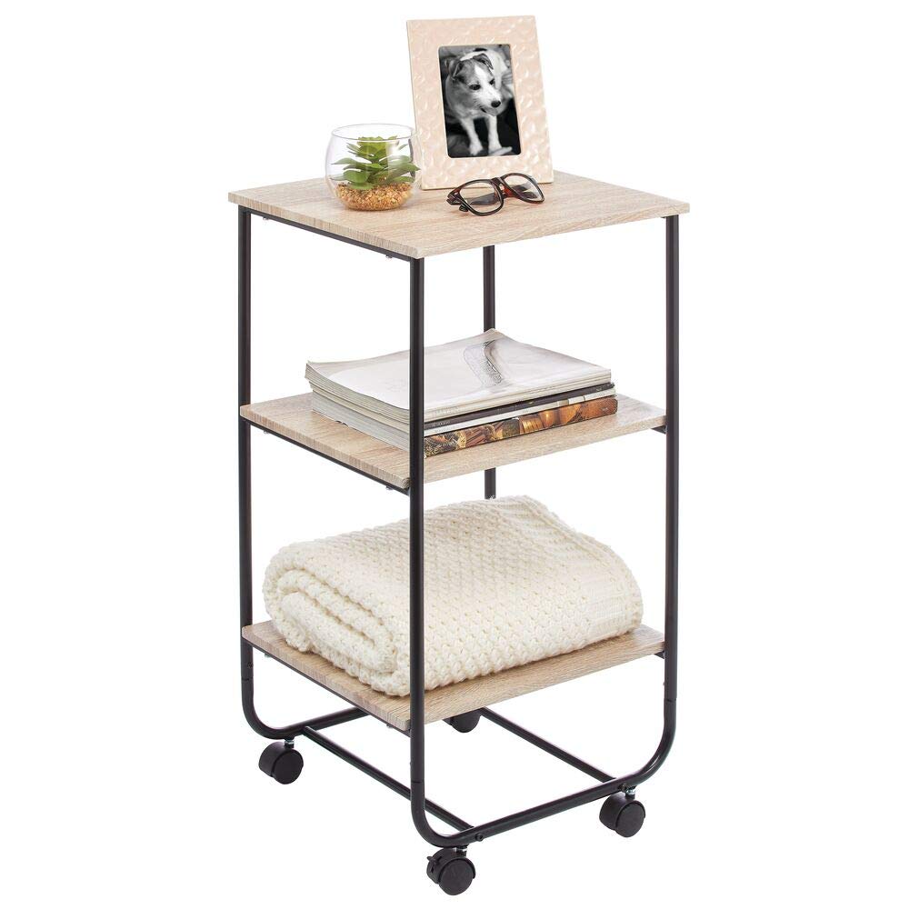 mDesign Metal Wood 3-Tier Rolling Household Storage Cart to use in Bathrooms, Kitchen, Craft Rooms, Laundry Rooms, and Kid's Rooms - Portable, Includes 4 Caster Wheels - Natural/Black