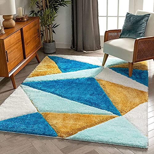 Image of Polyester Modern Geometric 3D Textured Thick And Soft Shag Carpet 6X6 Square Area Rug (Turquoise /Mustard Yellow /White Colour)