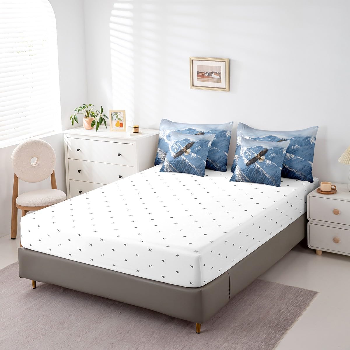 Feelyou Eagle Comforter Set with Sheets Queen Size Snow Mountain Bed in a Bag for Boys Girls Teens Flying Eagle 7 Pieces Bedding Set Sky Blue Bed Set Room Decor