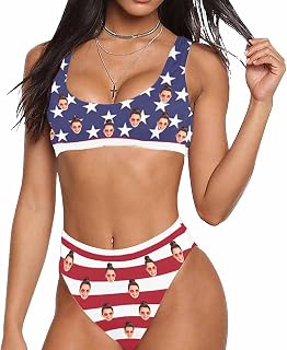 Custom Woman's American National Flag Bikini with Face Strips and Stars Personalized Photo on Bathing Suit 4th of July for Women