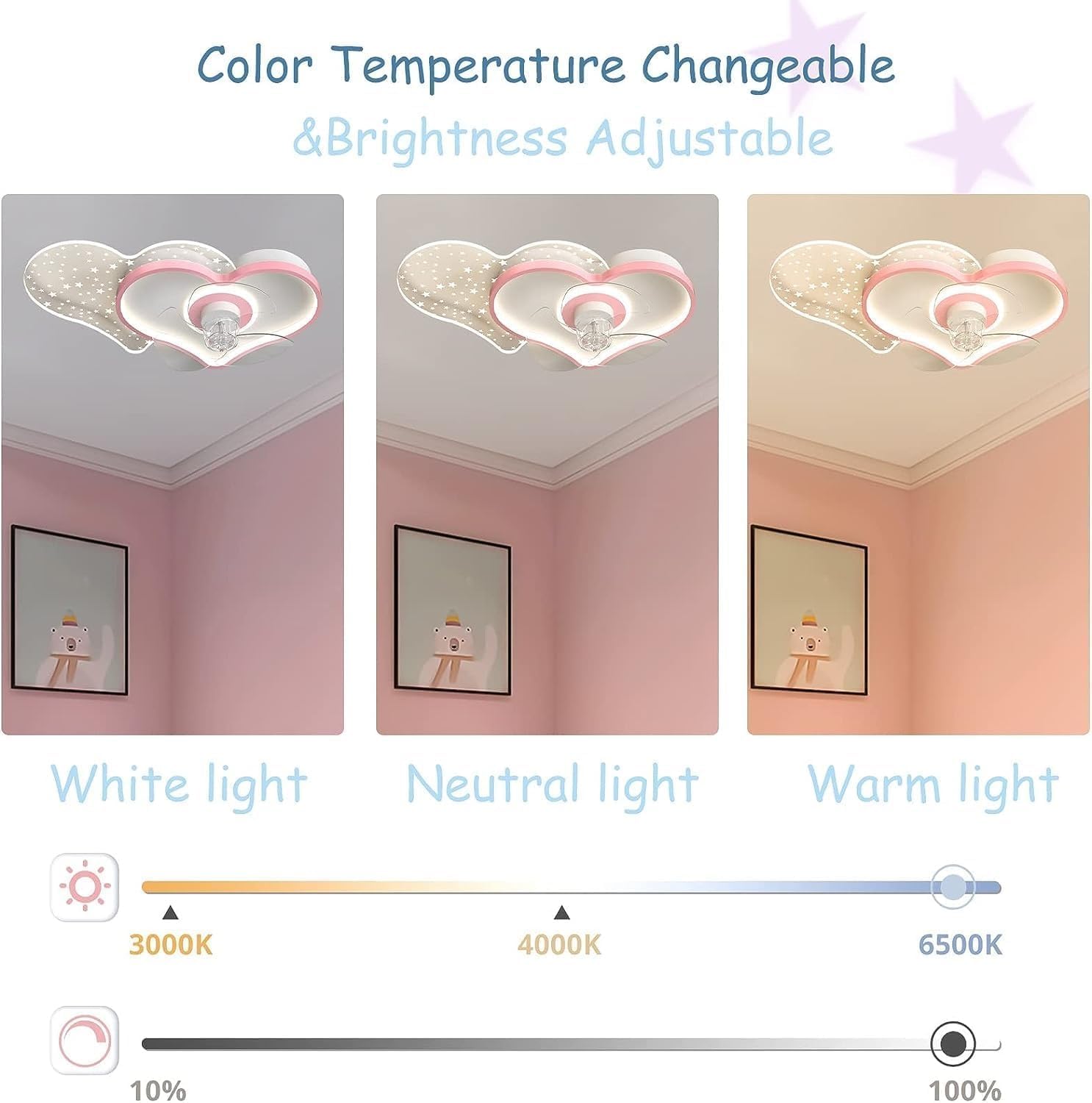 37W Modern LED Pink Fan Light Nordic Cartoon Heart Shape Lighting Kids Ceiling Fan Lamp Bedroom Dining Room Mute DC Ceiling Fan with Remote Dimmable Reversible 6 Speed