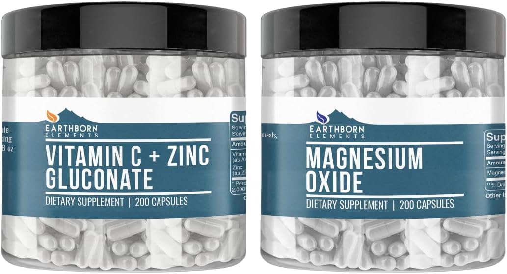Earthborn Elements Magnesium Oxide and Vitamin C Plus Zinc Gluconate Bundle, 200 Capsules Each, Pure & Undiluted, Non-GMO