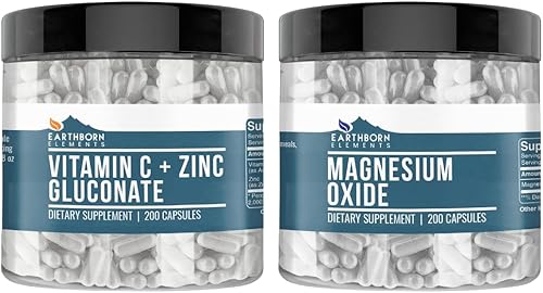 Earthborn Elements Paquete de óxido de magnesio y vitamina C más gluconato de zinc, 200 cápsulas cada una, puro y sin diluir, sin OMG