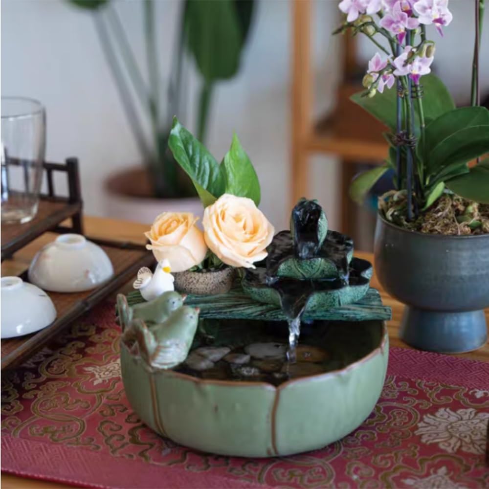 Relajación Fuente de Escritorio con Forma pájaro y Hoja Loto, pequeña Fuente Agua Corriente cerámica, decoración del hogar Serenidad(Medio)