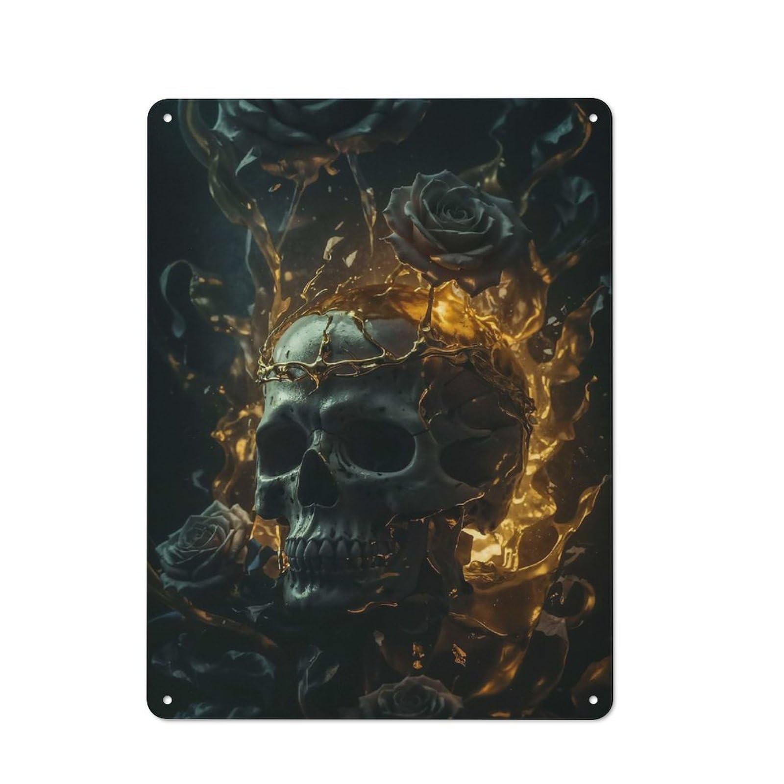 Junmoney Skull With Black And Gold Metal Wall Sign 40X30cm, Retro Decor For Home Bar Wall, For Metal Sign Collectors, For Garage And Workshop Walls