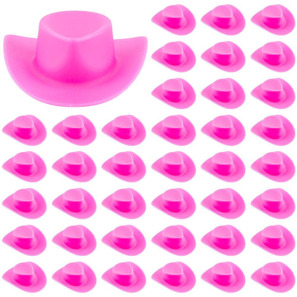 DICOSMETIC 40Pcs Mini Western Cowboy Cowgirl Hat Plastic Doll Hat Pink Miniature Hats Cute Tiny Hats for Cake Topper Doll Dress Up Dollhouse Decoration Party Accessories