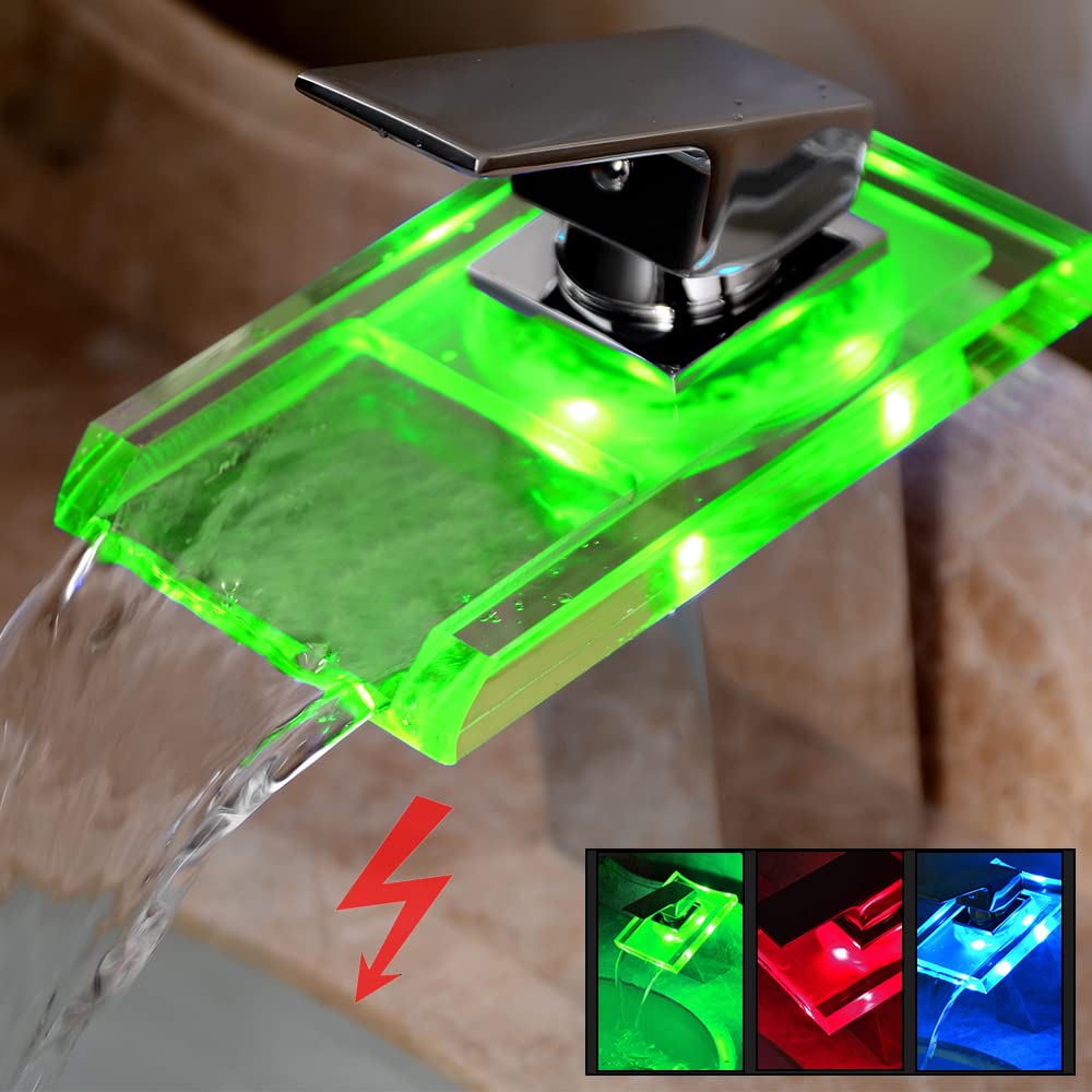 Robinet LED en verre lumineux Cascade Robinet RVB Robinet d'évier Robinet de lavabo Mitigeur de salle de bain en verre éclairé Salle de bain 3 changements de couleur