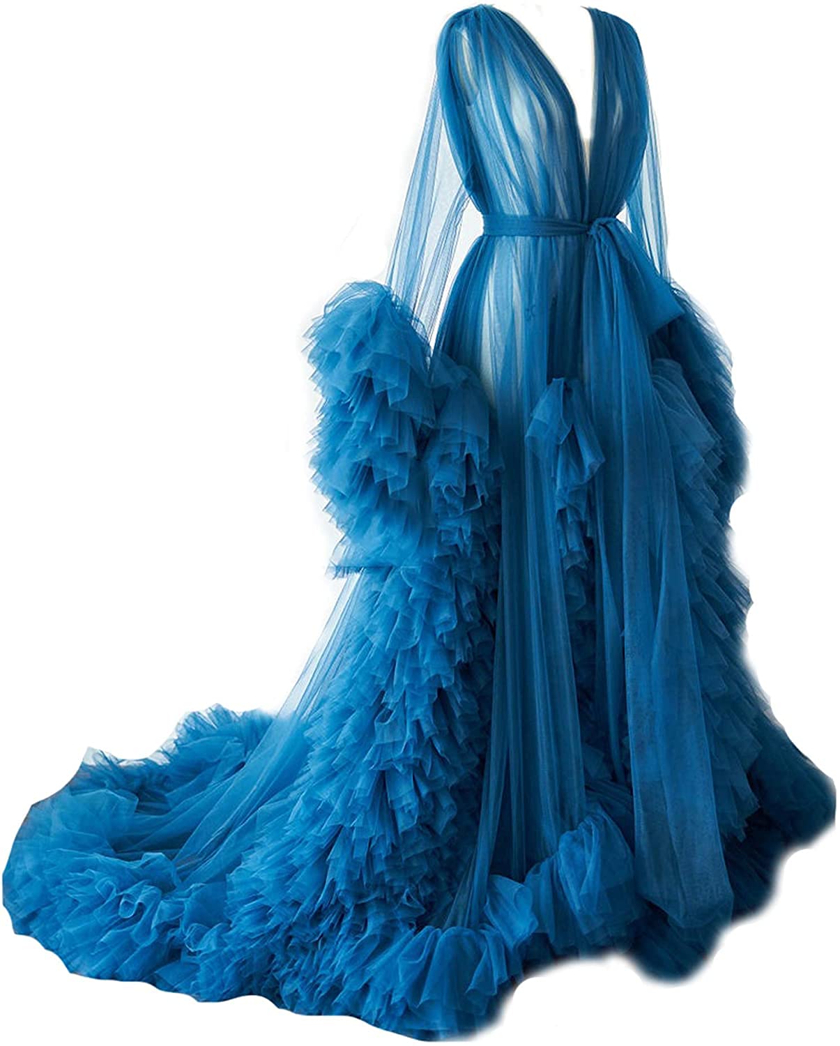 BATHGOWN Sexy Illusion Long Lingerie Tulle Robe Nightgown Bathrobe Sleepwear Bridal Robe Wedding Scarf