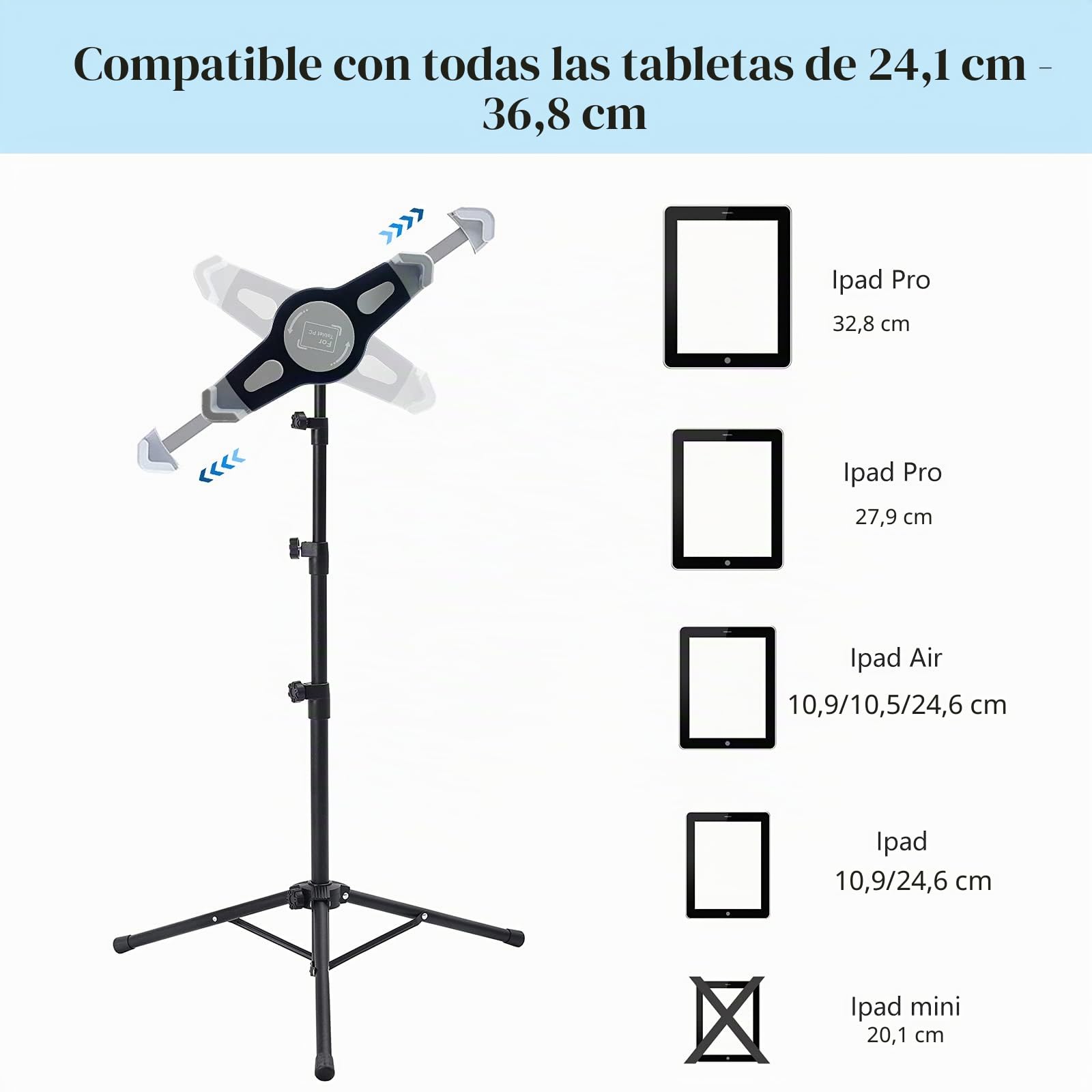 Raking Soporte de trípode para iPad, Altura Ajustable, Soporte para Tableta con rotación de 360 Grados para iPad Pro 12.9, iPad Air y Otros Dispositivos de 9.5 a 14.5 Pulgadas