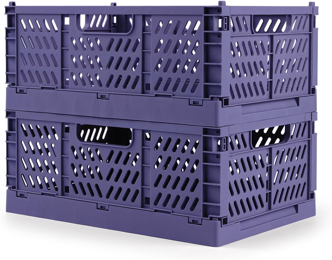 Domiella 2-Pack Crates for Storage, Storage Crates Plastic Stackable, Foldable Crate for Office Home Kitchen Bedroom Bathroom (Small, Blue)