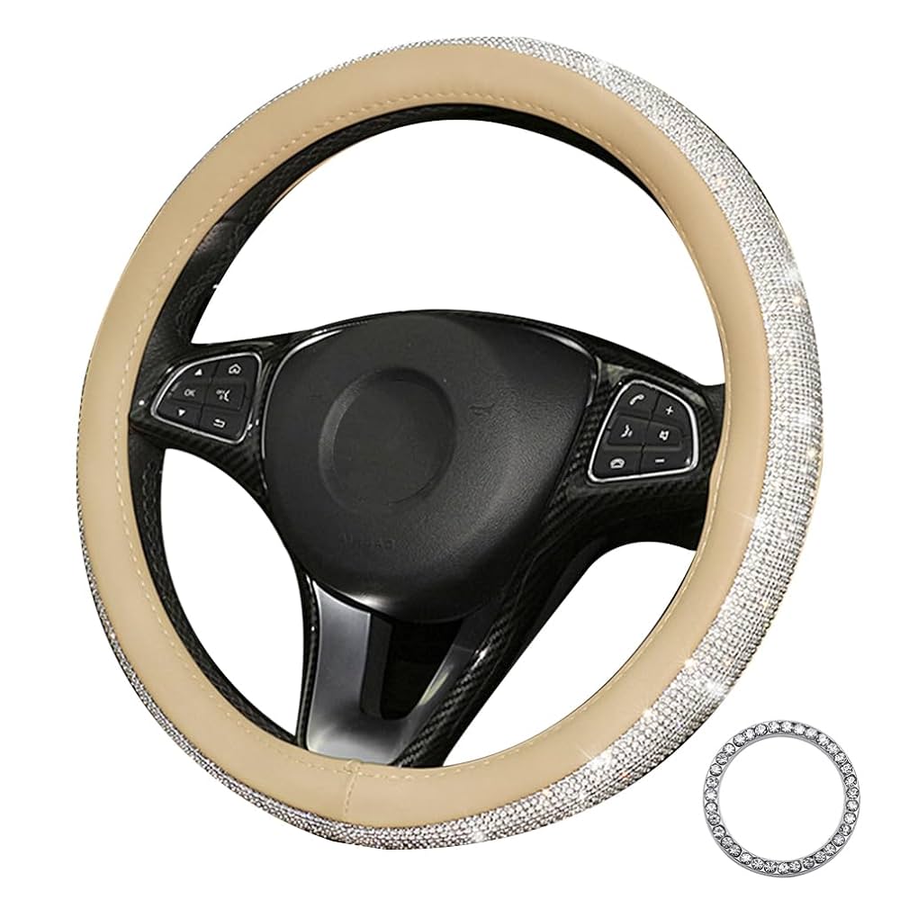 Magnalex Diamond Leather Steering Wheel Cover, Crystal Rhinestones, Universal 15 Inch, Car Protector For Women