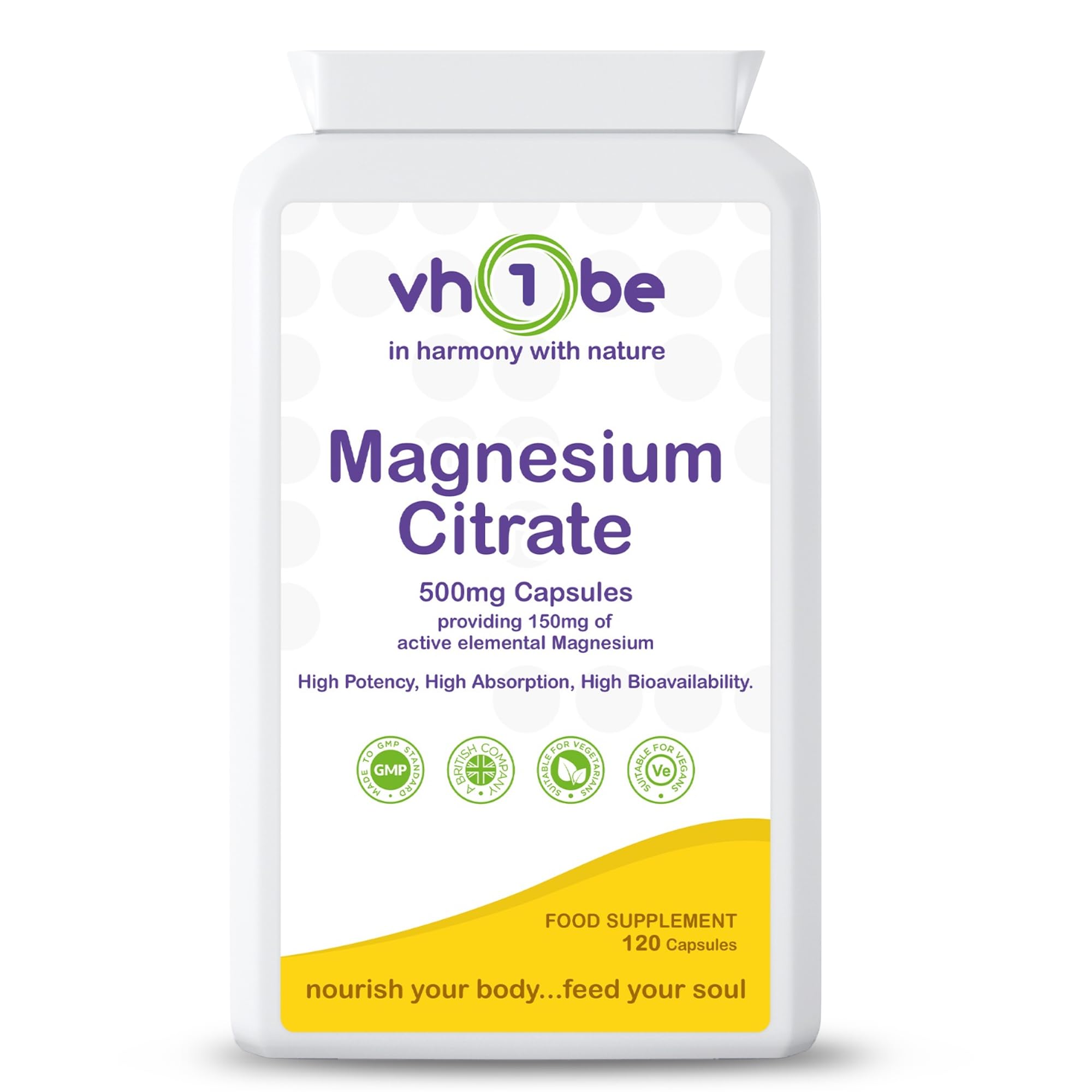Magnesium Citrate 500mg – 120 Vegan Capsules | High Absorption Magnesium Supplement for Sleep, Energy, Digestion & Muscle Relief | 150mg Active Elemental Mg Supplement | Made in UK by vh1be