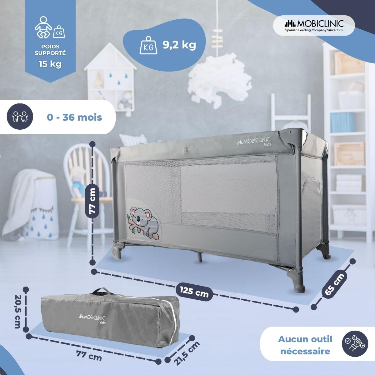 Mobiclinic Lit Parapluie Bébé 2 en 1 Pliage Ultra-Compact Matelas Amovible Jusqu'à 15kg Tissu Respirant Parc pour bébé Gris