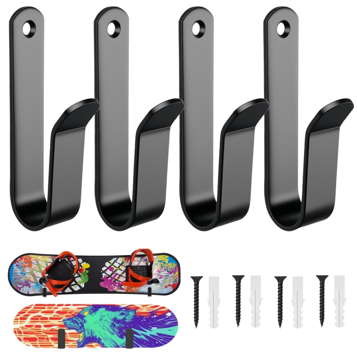 EXIN DECHEN 4 Piezas Soporte Skate Pared, Negro Estante de Exhibición para Snowboard Soporte de Pared para Monopatín con Tornillo para Tablas como Monopatines, Longboards, Wakeboards