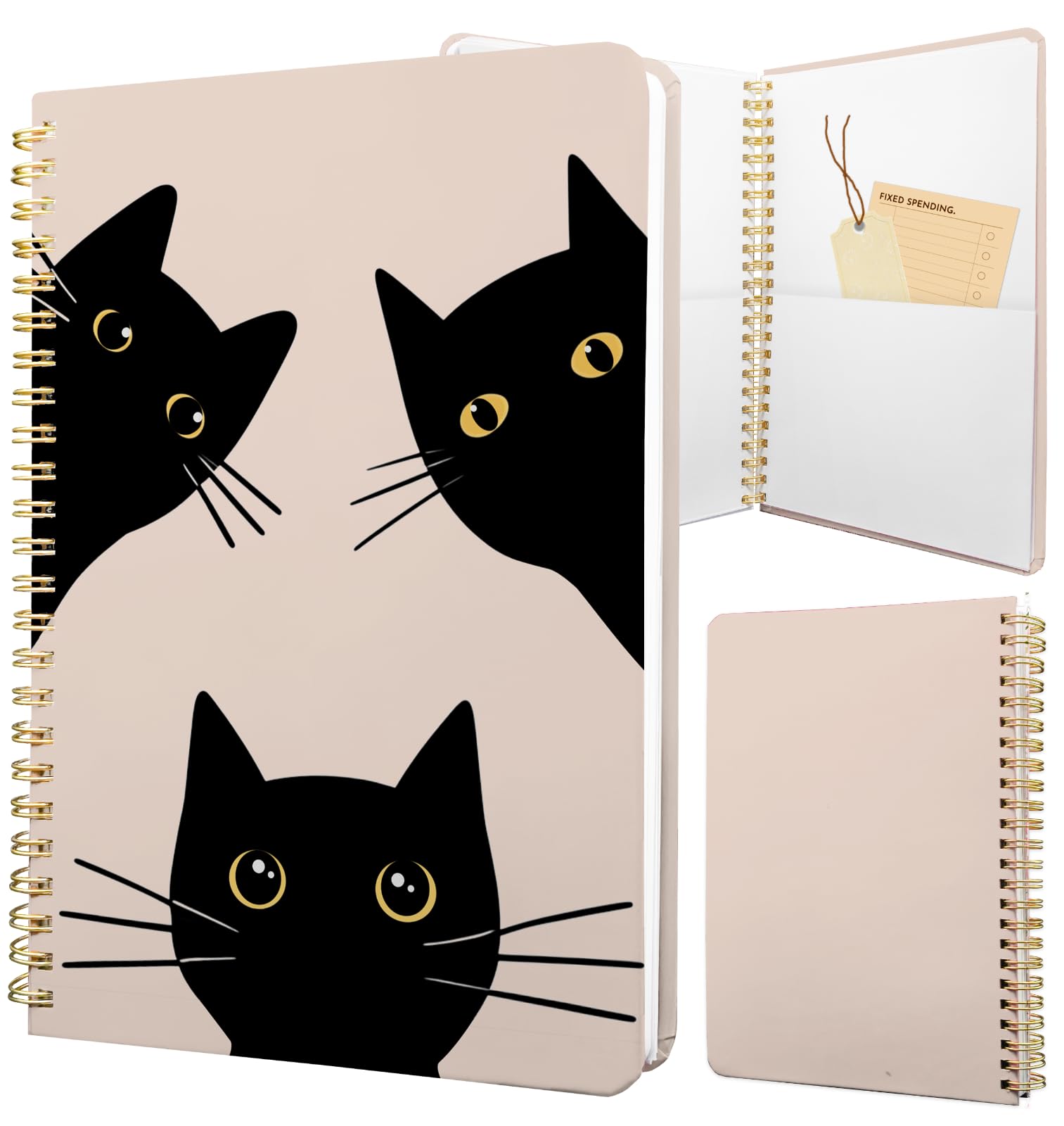Stanoha Cute Spiral Notebook journal A5 Aesthetic Pretty Floral Design for Women Girls Kawaii with Pocket, 8.5 x 5.7 inch, Black Cat