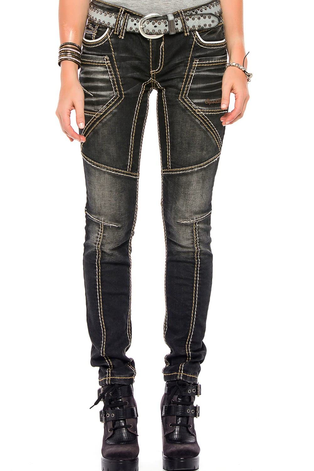 Cipo & Baxx Damen Jeans WD382 Schwarz - Slim Fit Straight Jeans Hose - Mit Extravagantem Nahtdesign, Atemberaubender Casual Look, Angenehmes Gefühl - WD382 Schwarz W28-L32