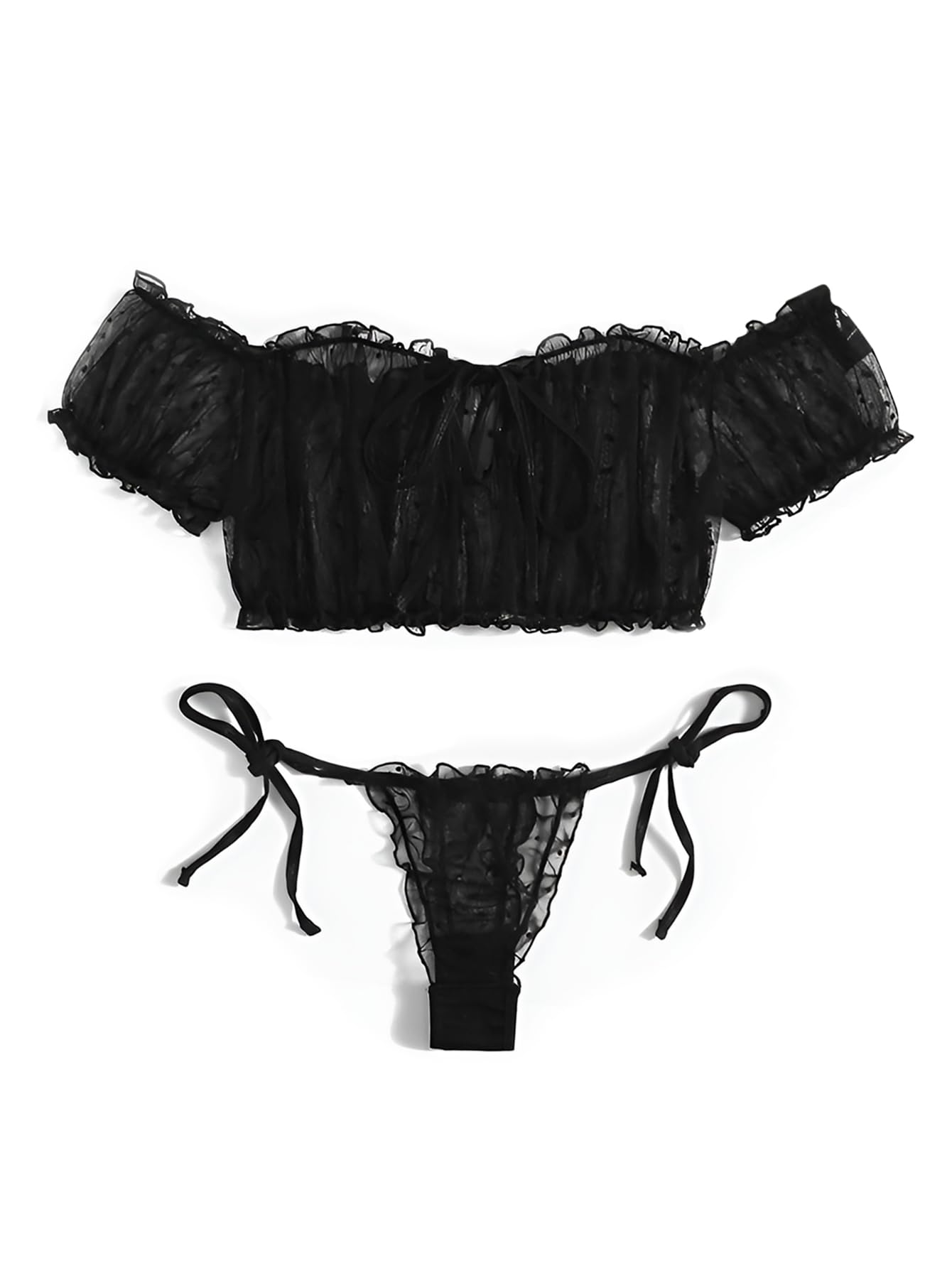 Lilosy Sexy Stretch Ruffle Tie Sheer Mesh Lingerie Set Outfits