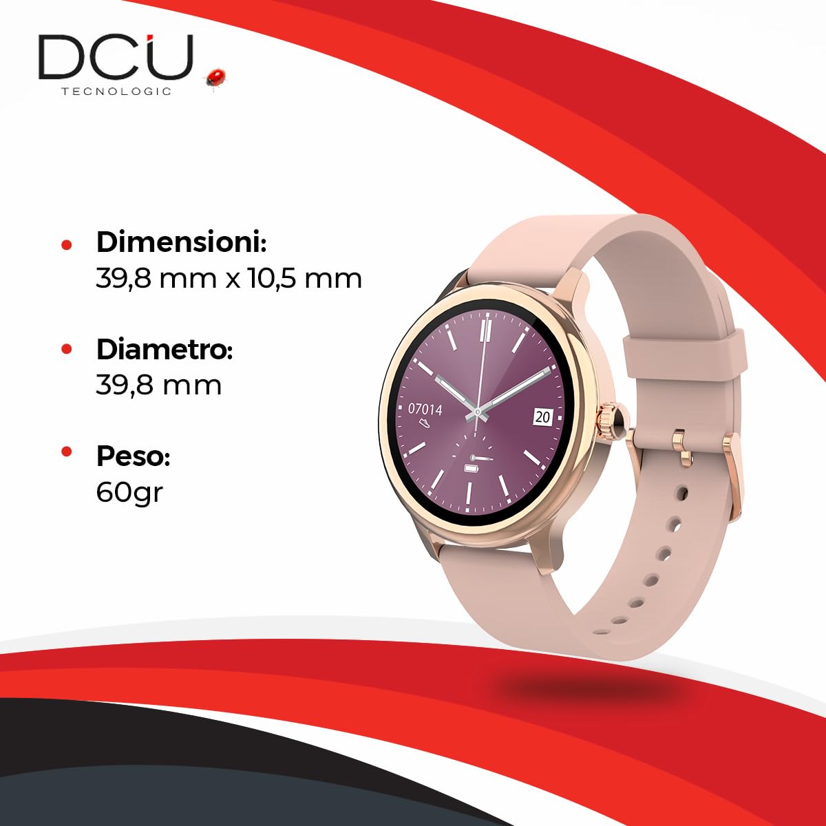 DCU TECNOLOGIC - Smartwatch Sophie - Smartwatch damski w kolorze różowego złota z różowym silikonowym paskiem - Ekran dotykowy HD 1.2'' - IP67 Wodoodporny - 22 tryby sportowe