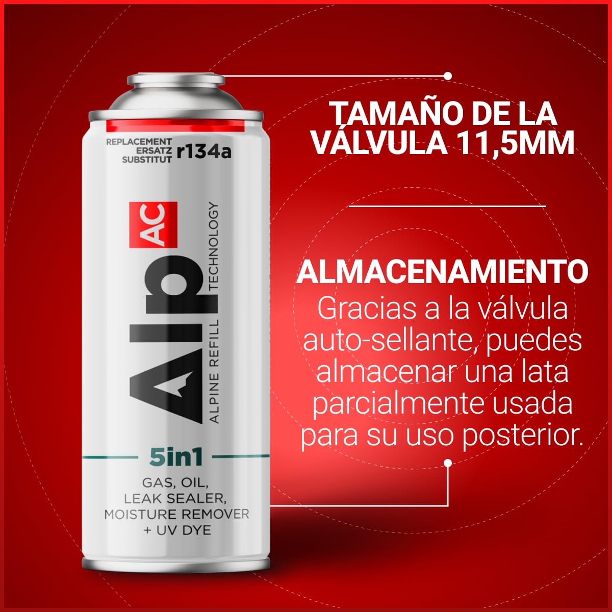 AlpAC 5in1 Kit Recarga Aire Acondicionado R134a (2x Latas + Manguera) – Gas Sustituto incl. sellador, aceite, UV y deshumidificador – Coches hasta 2016