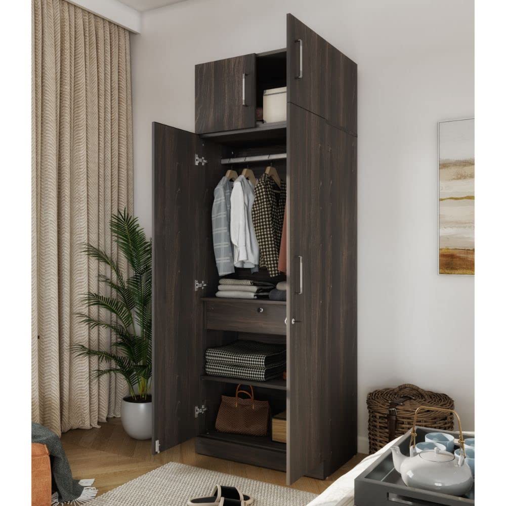 Wakefit Wardrobe | 1 Year Warranty | Engineered Wood Almirah, Cupboard for Clothes Storage | 2 Door, Drawer, 1 Hanging Space | Gingham - Dark Brown