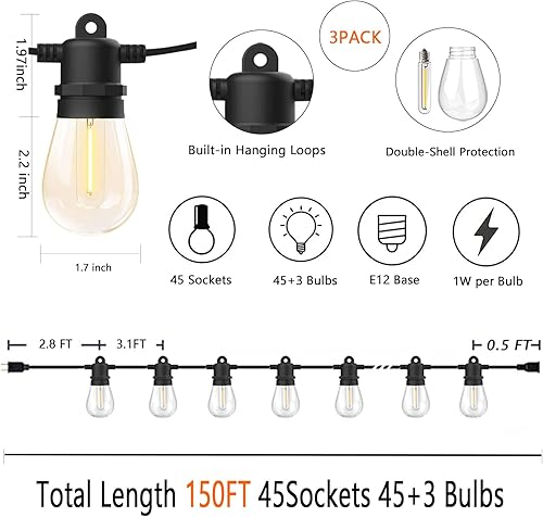 Miniatura 2 de Guirnalda de luces impermeables para exteriores, 150 pies, luces de patio con bombillas de plástico de 2700 K inastillables para exteriores, bistró,