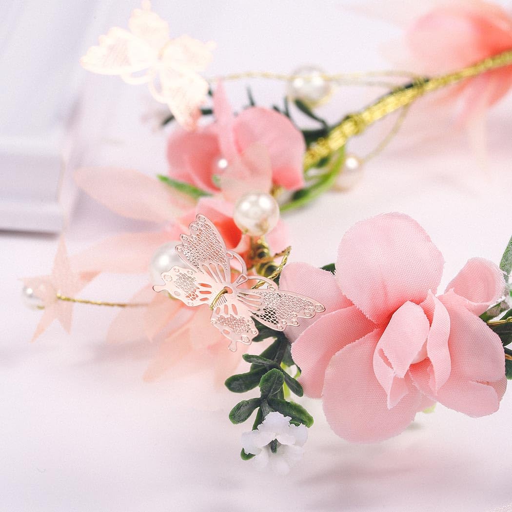 IYOU Wedding Flower Headband Set Pink Floral Crown Hair Wreath Pearl Bride Bridesmaid Hair Accessories with Wristband for Women and Girls - Image 3