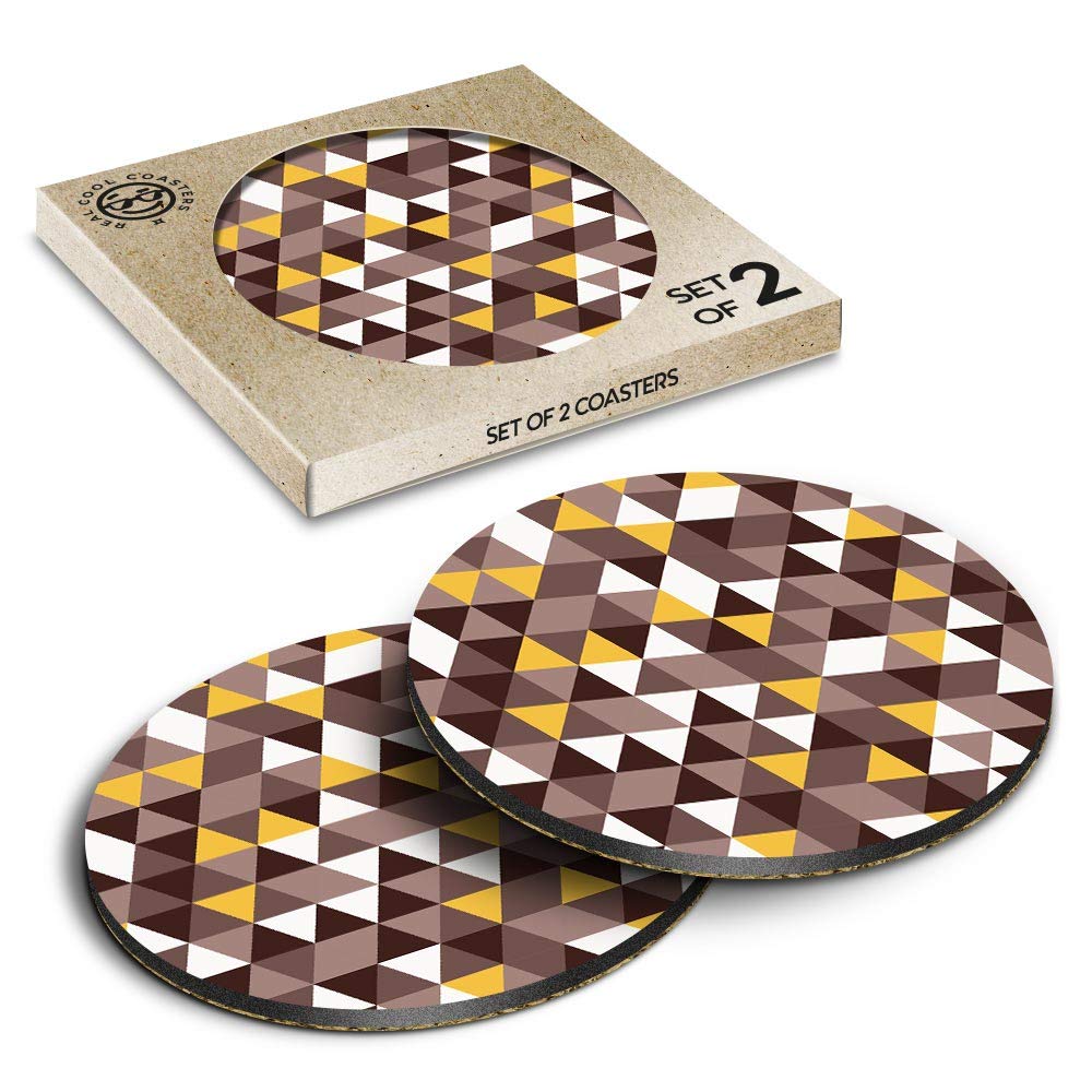 Destination Multicolor Coasters (Set Of 2) Round - Yellow Grey Black Triangle Pattern Drink Glossy Coasters/Tabletop Protection For Any Table Type #24585