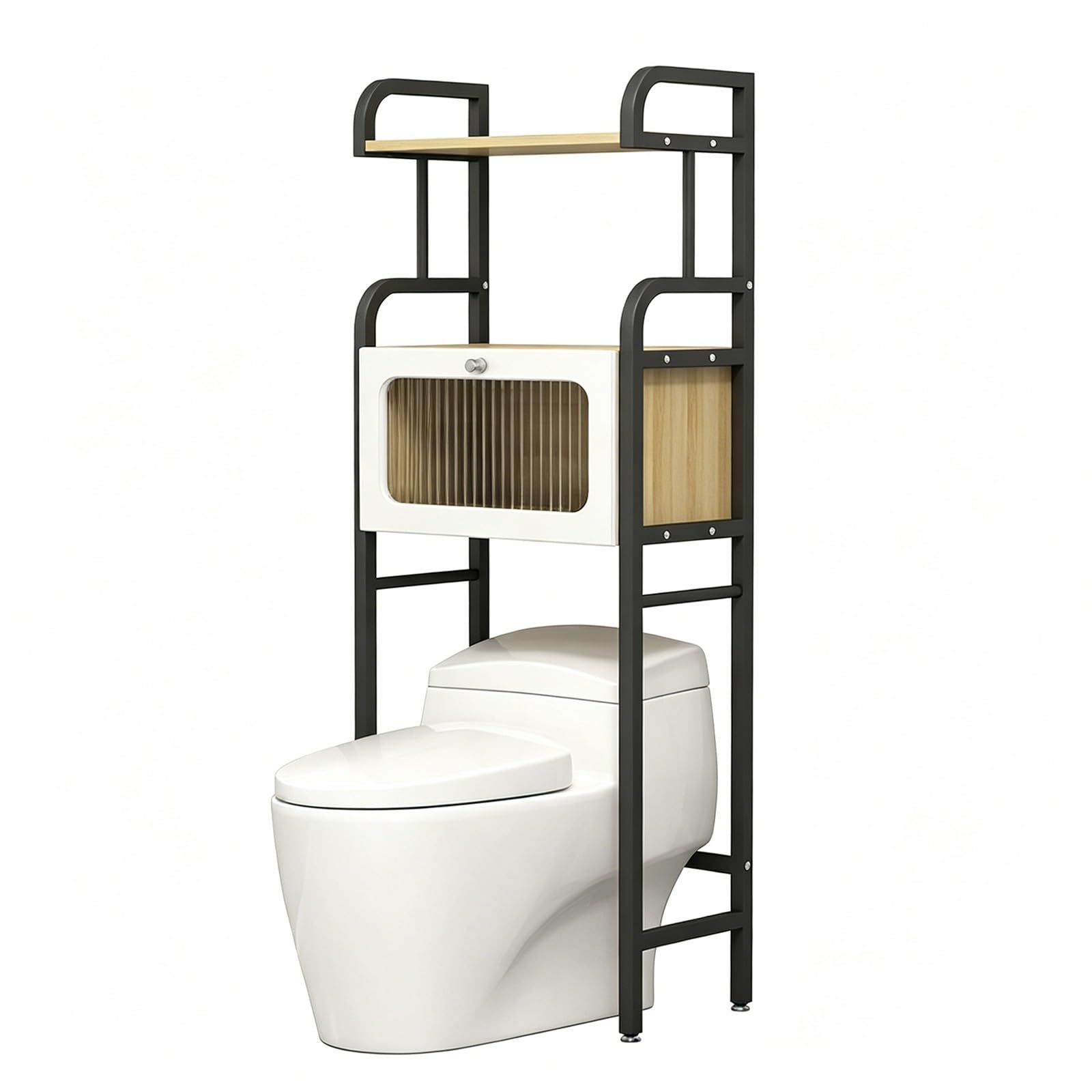 Freestanding Over The Toilet Storage Rack,3-Tier Bathroom Organizer, No Drilling Metal Shelf, Rustproof Space Saver(3-Tier Black+Light Walnut 21.7x11.8x66.1in)