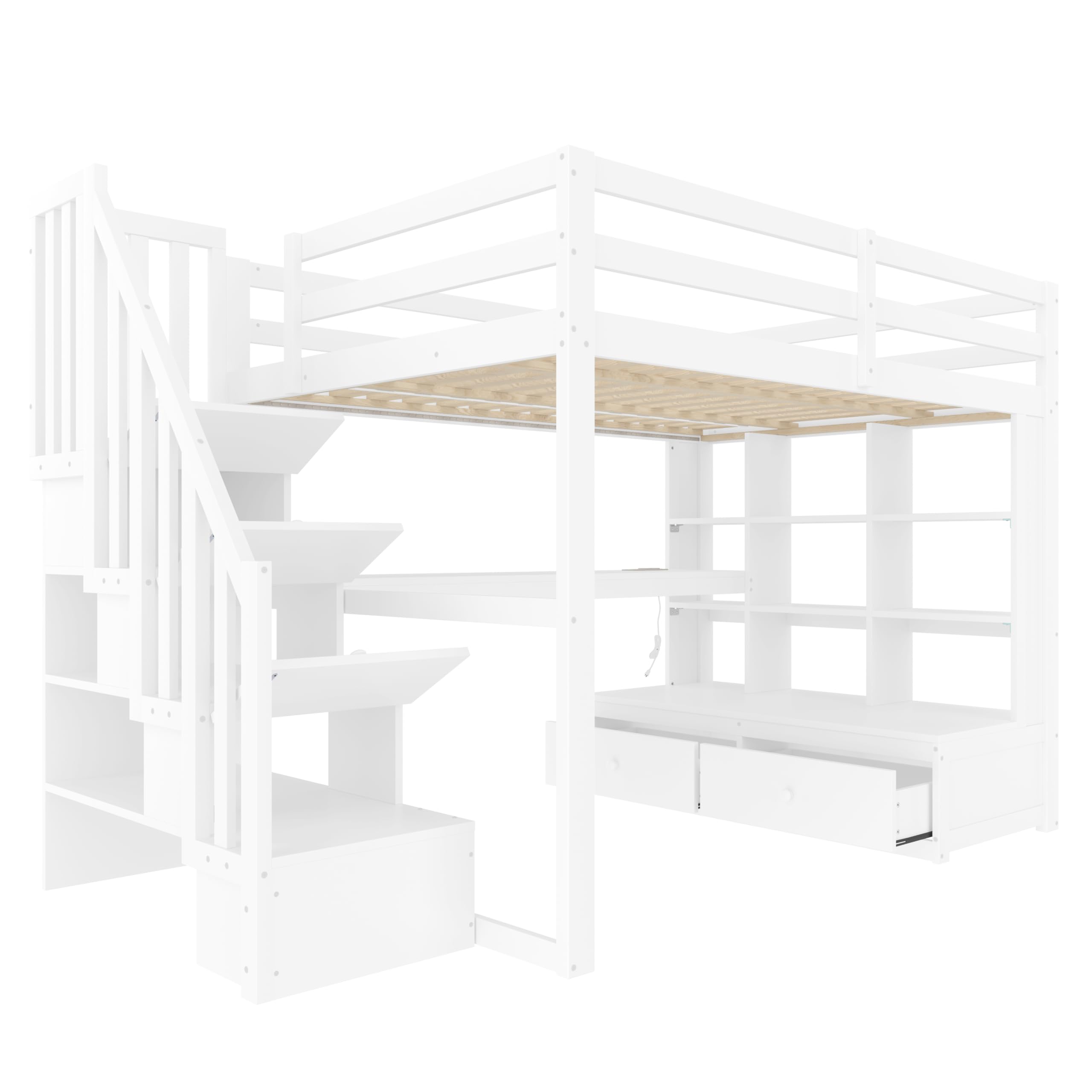 Lettino per bambini 140 x 200 cm, letto a soppalco con scrivania e scaffali, due cassetti integrati, scala di archiviazione, letto per ragazzi e ragazze, bianco
