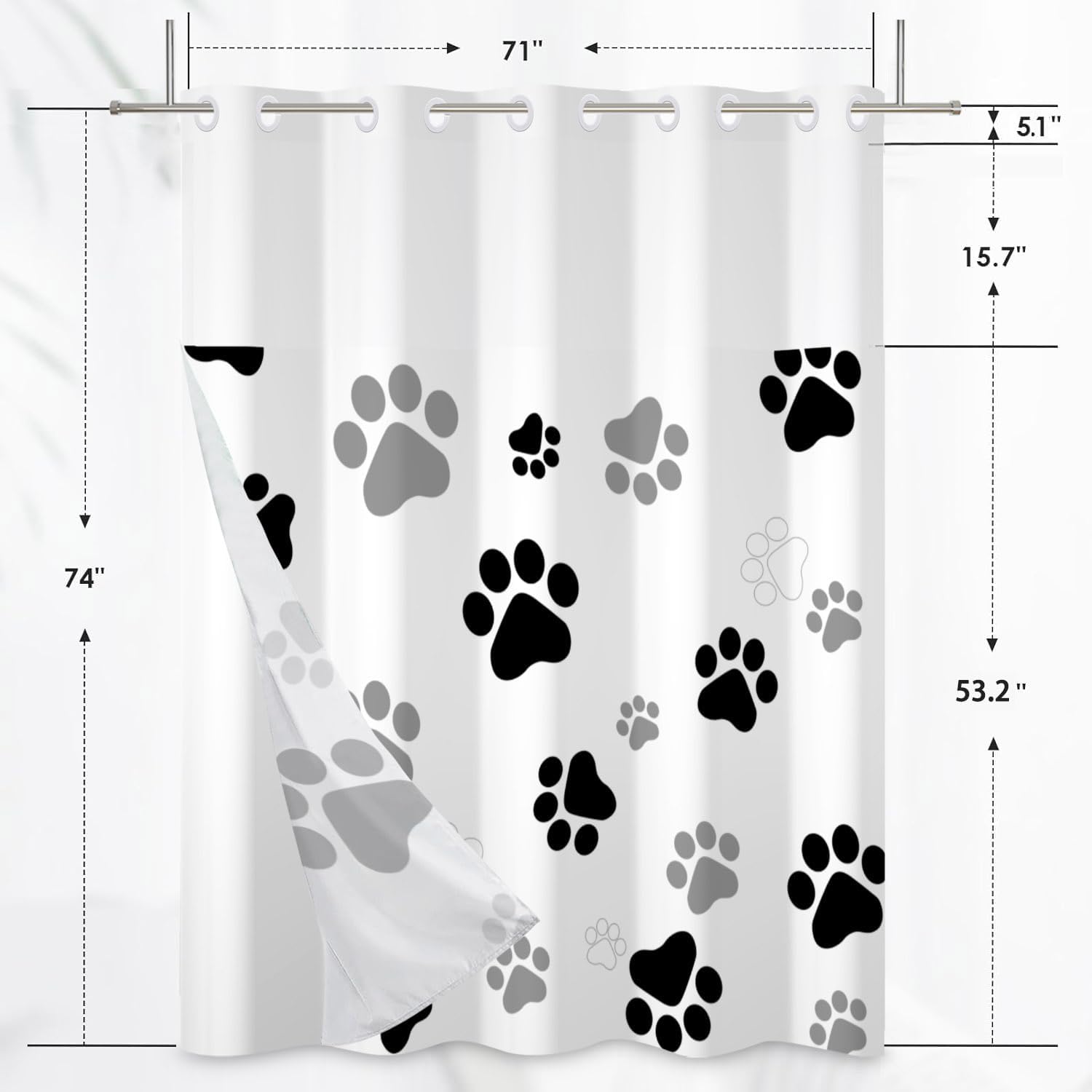 Funny Dog No Hook Shower Curtain with Snap in Liner Cute Cat Claw Shower Curtain with Liner Hotel Black and White Gray Modern Shower Curtains for Bathroom Kids Double Fabric Washable 71x74 Inch