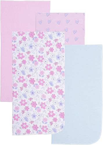 EVERYDAY KIDS 4 Pack of Soft Flannel Receiving Baby Blanket Set for Boys; Blue Baby Swaddle Blankets for Newborn Baby Boy Nursery (Pink Flowers/Hearts - 4PK)
