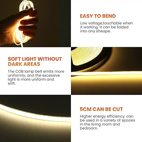 Miniatura 3 de XUNATA Tira LED COB de 6.6 pies6.6 ft, USB 5 V, 320 LEDsM, tira LED flexible regulable de 3500 K, banda LED COB blanca cálida, no impermeable, tira