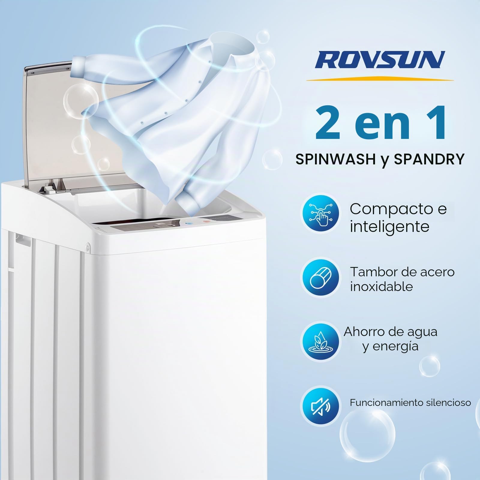 ROVSUN Lavadora de carga superior, 5 kg, carga superior, con 8 programas de lavado y 5 niveles de agua, lavadora pequeña silenciosa 60-70 dB, temporizador 24 h, 51 × 47 ×