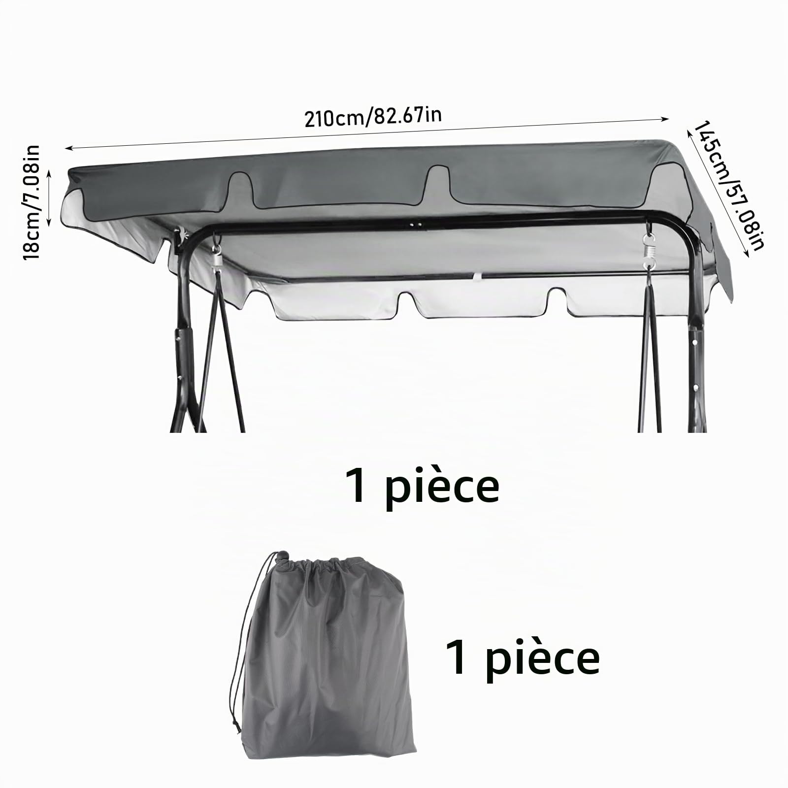 Vaskula Toile de Rechange pour Balancelle 210 x 145 x 18cm Gris épreuve étanche et UV Toit de Balancelle Swing de Jardin Toile 3 Places Protection Contre Le Vent Imperméable