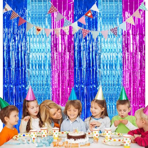 Image of TONIFUL Blue Pink Door Streamers,Blue and Pink Photo Booth Backdrop Metallic Streamers Foil Fringe Curtain for Birthday,New Year,Graduation,Grad,Baby Shower Party Streamers Decoration