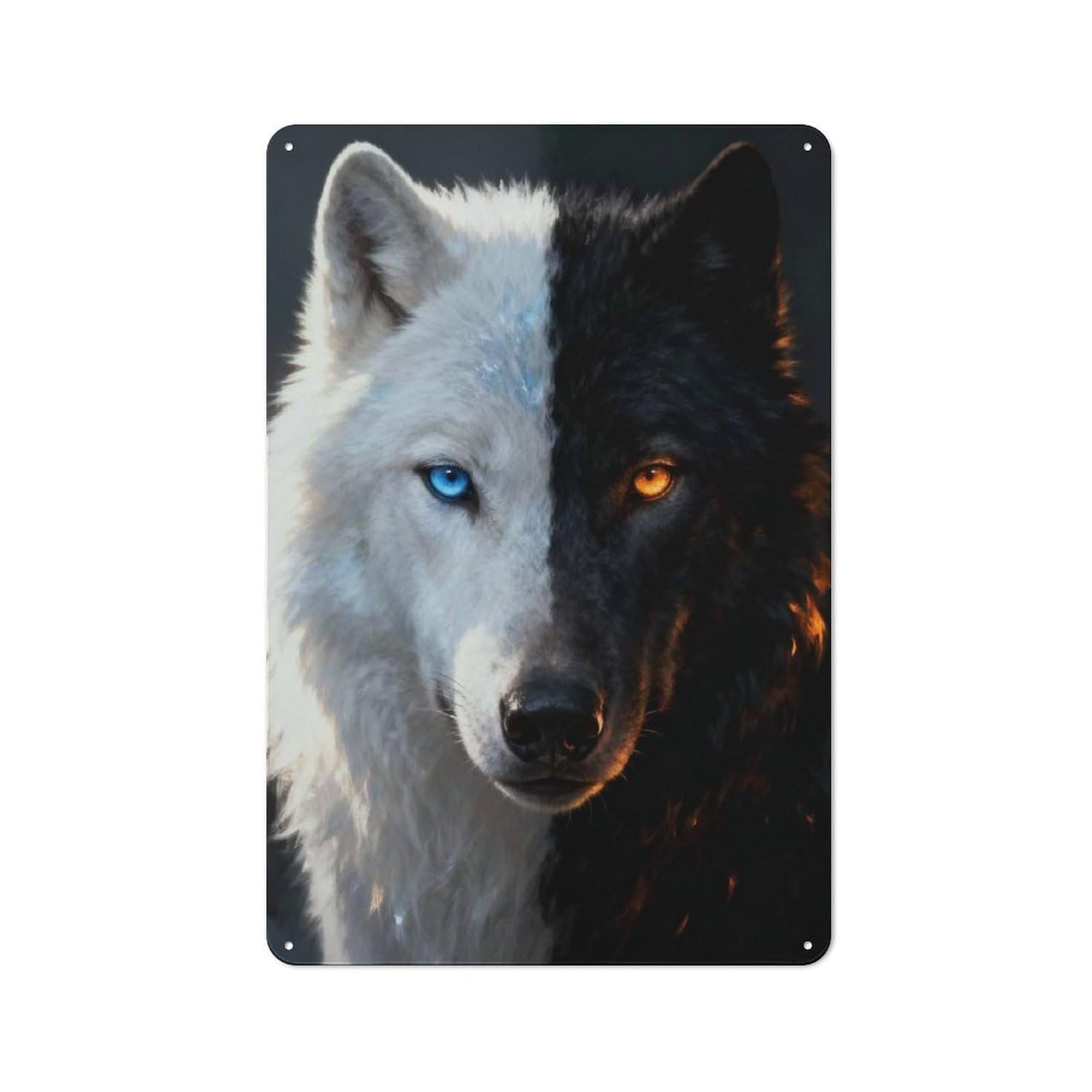 Yin And Yang Wolf Portrait Vintage Metal Sign 30x20cm, Rustic Classic Pub Decor for Bar, Kitchen, Garage Or Games Room