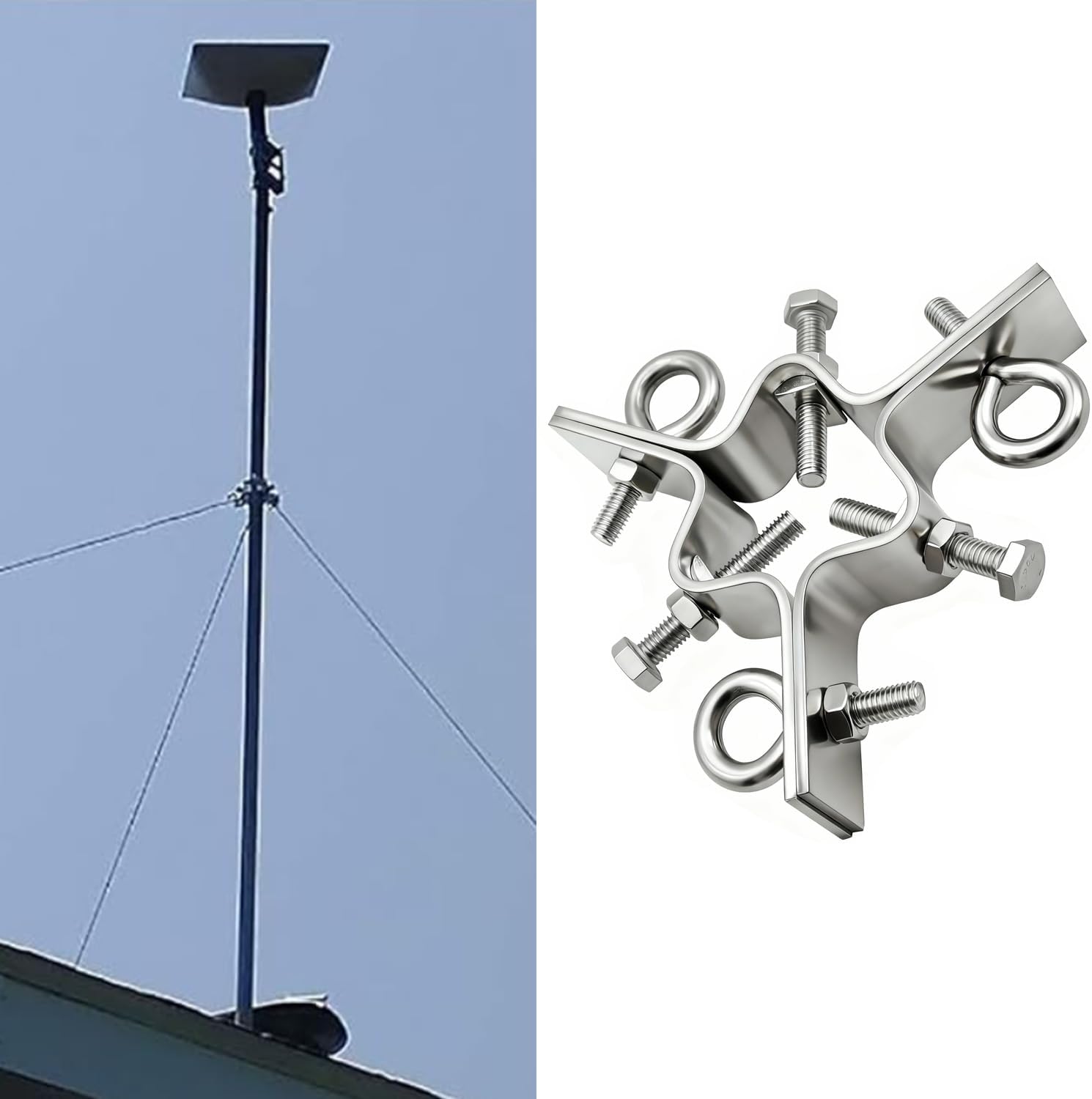 3 Way Down Guy Wire Ring Kit with 100ft Wires & Mount Accessaries, 3-Way Guying Antenna Mast Clamp, Fits Masts up to 2.4",Heavy Duty Stainless Steel