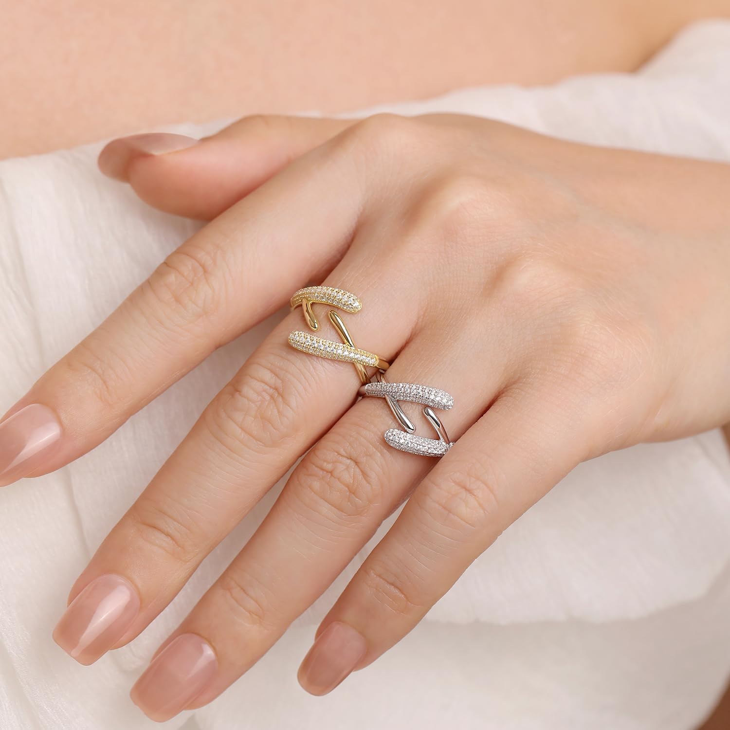 Meissa Anillo de mujer de plata 925 ajustable diseño cruzado elegante anillo grueso en oro y plata joyería para San Valentín aniversario boda cumpleaños regalo para novia anillo hecho a mano