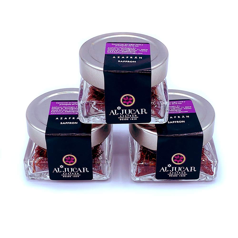 Pack 3 Tarros de Azafrán en Hebras Selecto AL-JUCAR en Hebra (6 G) – Sazonador Natural Español 100% Puro, Gran Color y Aroma, Set de Especias Gourmet para Cocinar Paella y Guisos.