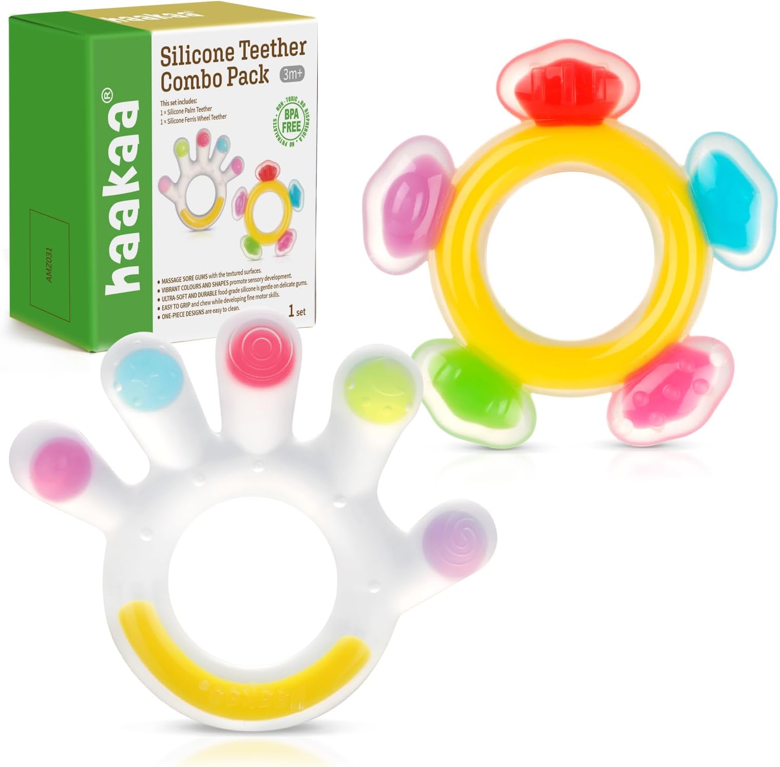 Silicone Teether Combo - Baby Freezer Teething Toy - Soft Cold Teether - Soothe Teething Pain & Itching Gums - Perfect Size - Palm & Ferris Wheel Shape for 3M+ Babies BPA Free - 2 pk