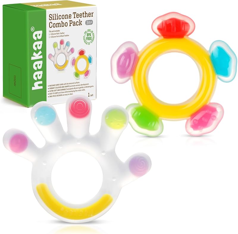 Silicone Teether Combo, Baby Freezer Teething Toys, 2 Pack | Ideal for Sore Gum,Easy-Grip Sensory Teethers for 3M+ Babies,Palm and Ferris Wheel Shapes,BPA Free