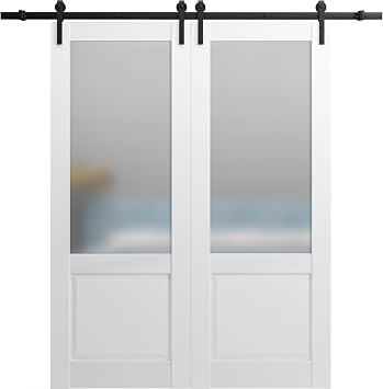 SARTODOORS Sliding Double Barn Doors with Hardware | Lucia 22 White Silk with Frosted Opaque Glass | 13FT Rail Sturdy Set | Interior Bedroom Bathroom Door-84" x 96" 2* 42x96-Black Rail-Frosted Glass