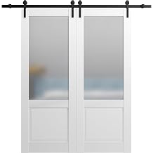 SARTODOORS Sliding Double Barn Doors with Hardware | Lucia 22 White Silk with Frosted Opaque Glass | 13FT Rail Sturdy Set | Interior Bedroom Bathroom Door-84" x 96" 2* 42x96-Black Rail-Frosted Glass