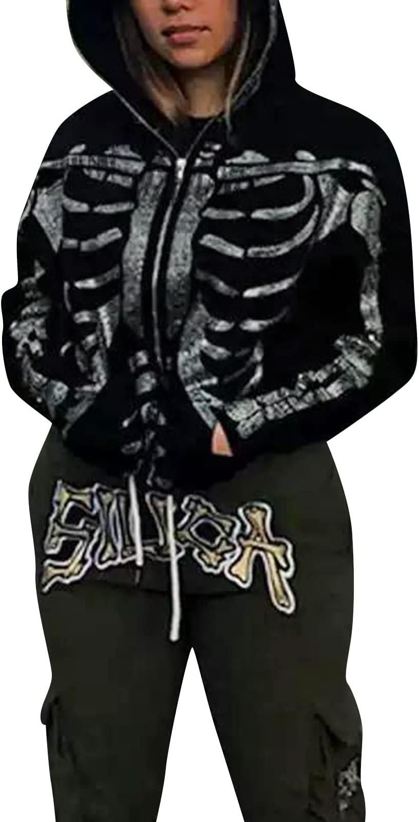Kaipiclos Mens Womens Zip Up Hoodies Oversized Rhinestone Skeleton Hoodie Sweatshirt Jacket 90s Harajuku Halloween Streetwear
