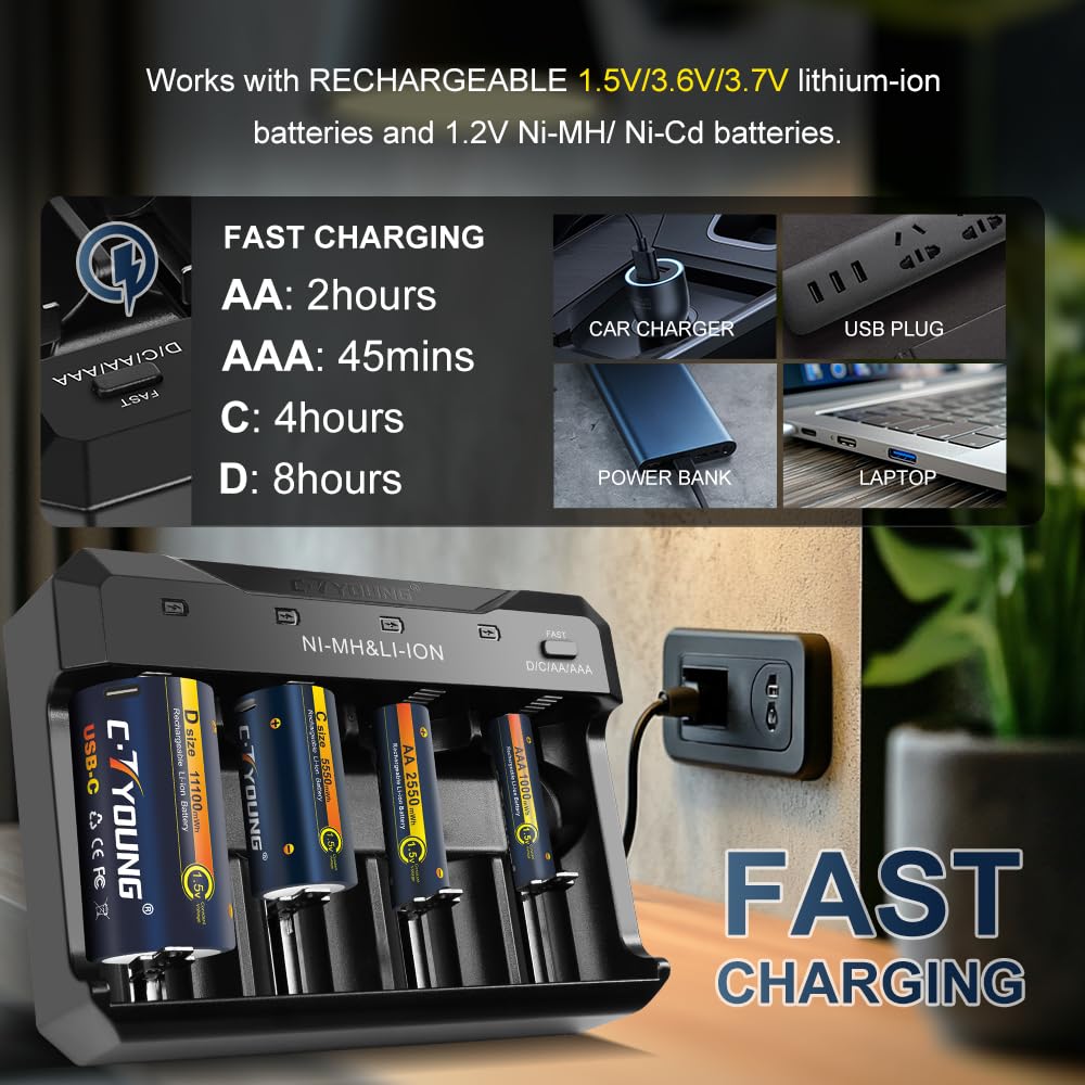 CTYOUNG Baterías D Recargables con Cargador Universal USB Tipo C, Paquete de 4 Pilas D de Litio de 1.5 V de 11000 mWh de Alta Capacidad compatibles con AA, AAA, C, D y más