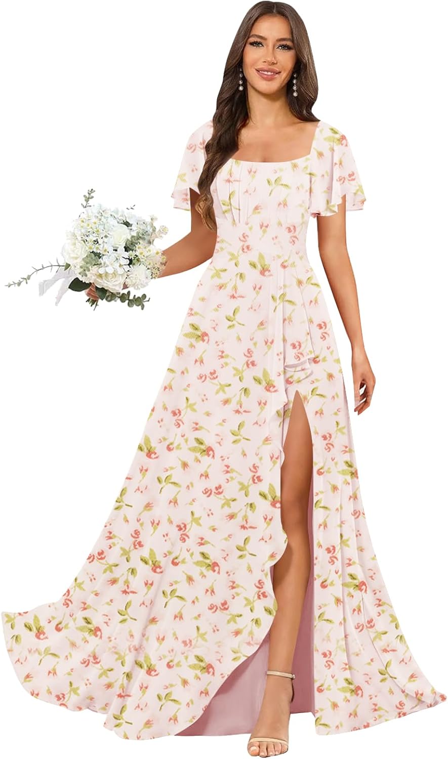 Women's Scoop Neck Bridesmaid Dresses Pleated Chiffon Formal Dress with Slit Short Sleeve Wedding Guest Dress