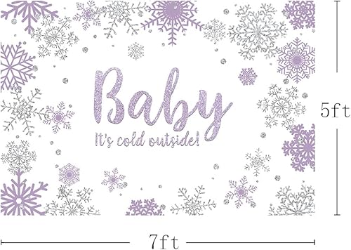 Miniatura 3 de MEHOFOND Fondo de fotos de baby shower de invierno para niña, accesorios de fondo de copos de nieve morados y plateados, decoración de fiesta,