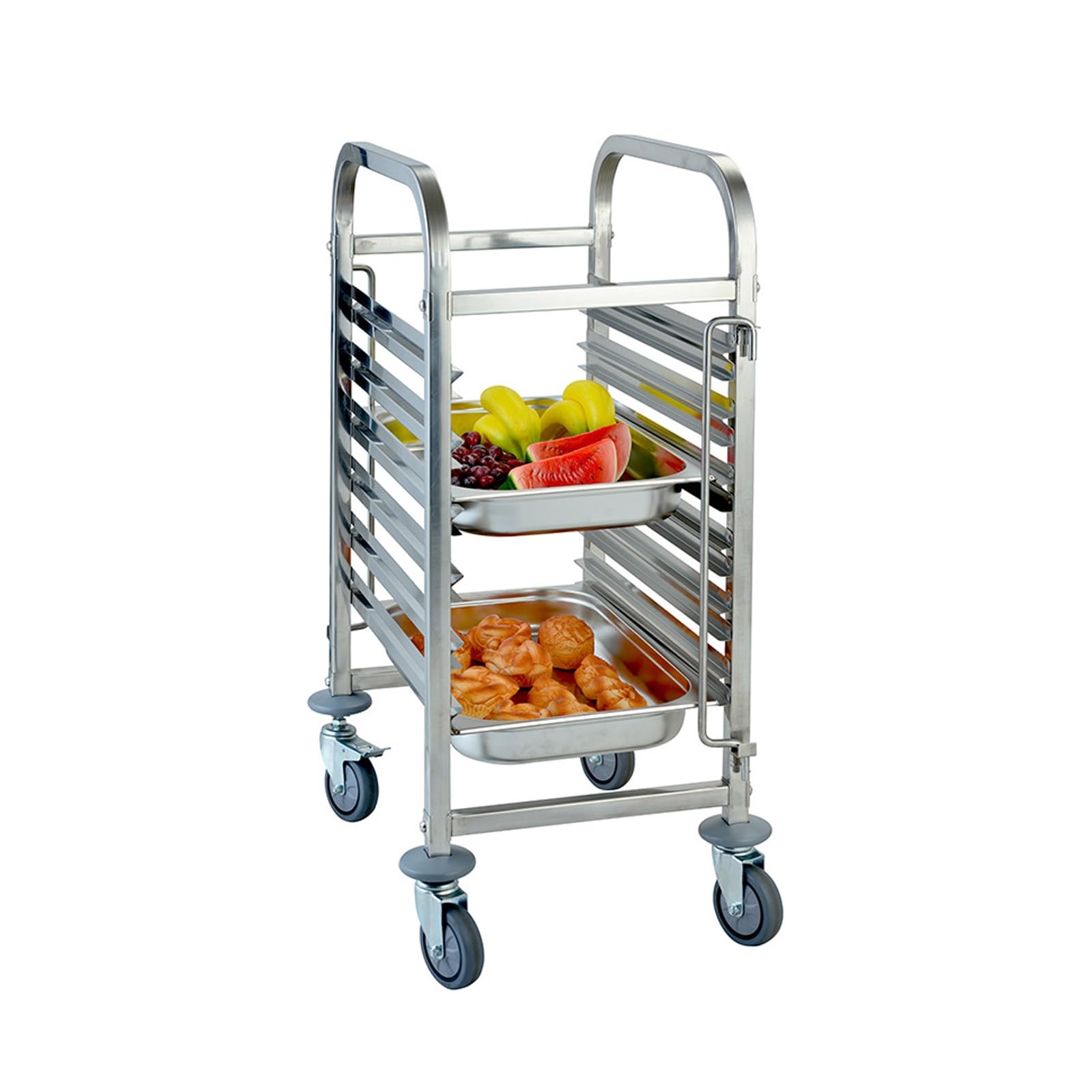 Mesa de trabajo de cocina de acero inoxidable con ruedas, carrito móvil y estante de panadería, carrito de servir equipado con frenos para preparación y almacenamiento de alimentos (tamaño compacto)
