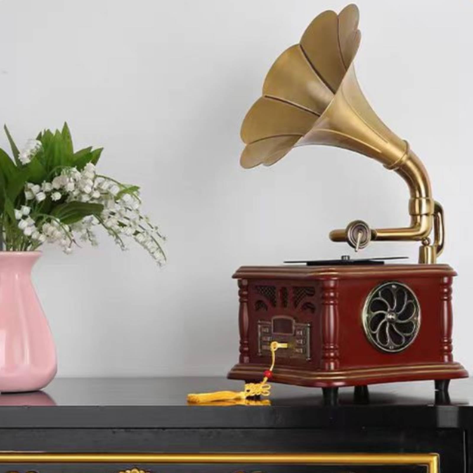Altoparlante a Tromba Bluetooth Altoparlante Stile Giradischi Ornato Elettronica Domestica per Ascolto in Casa, Esposizione Interna, Bianco