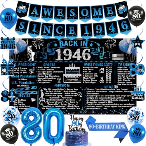 Trgowaul Back in 1946 Birthday Decorations for Men 20PCS Black Blue 80th Birthday Party Supplies Blue Back in 1946 Poster Banner Sash 80th Cake Topper Latex Balloon 80 Year Old Set